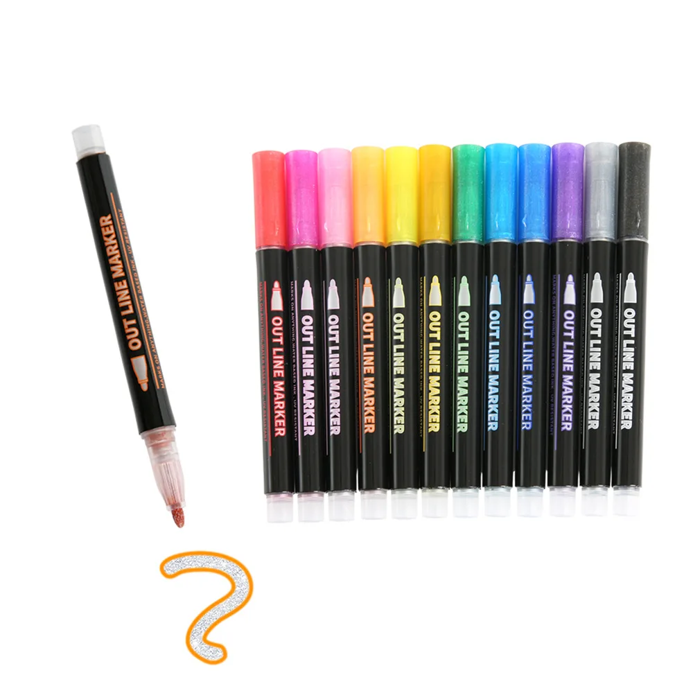 
12 colors Outline Marker pen, High Quality Fine colour Markers Double Line Pen metallic Outline Marker 