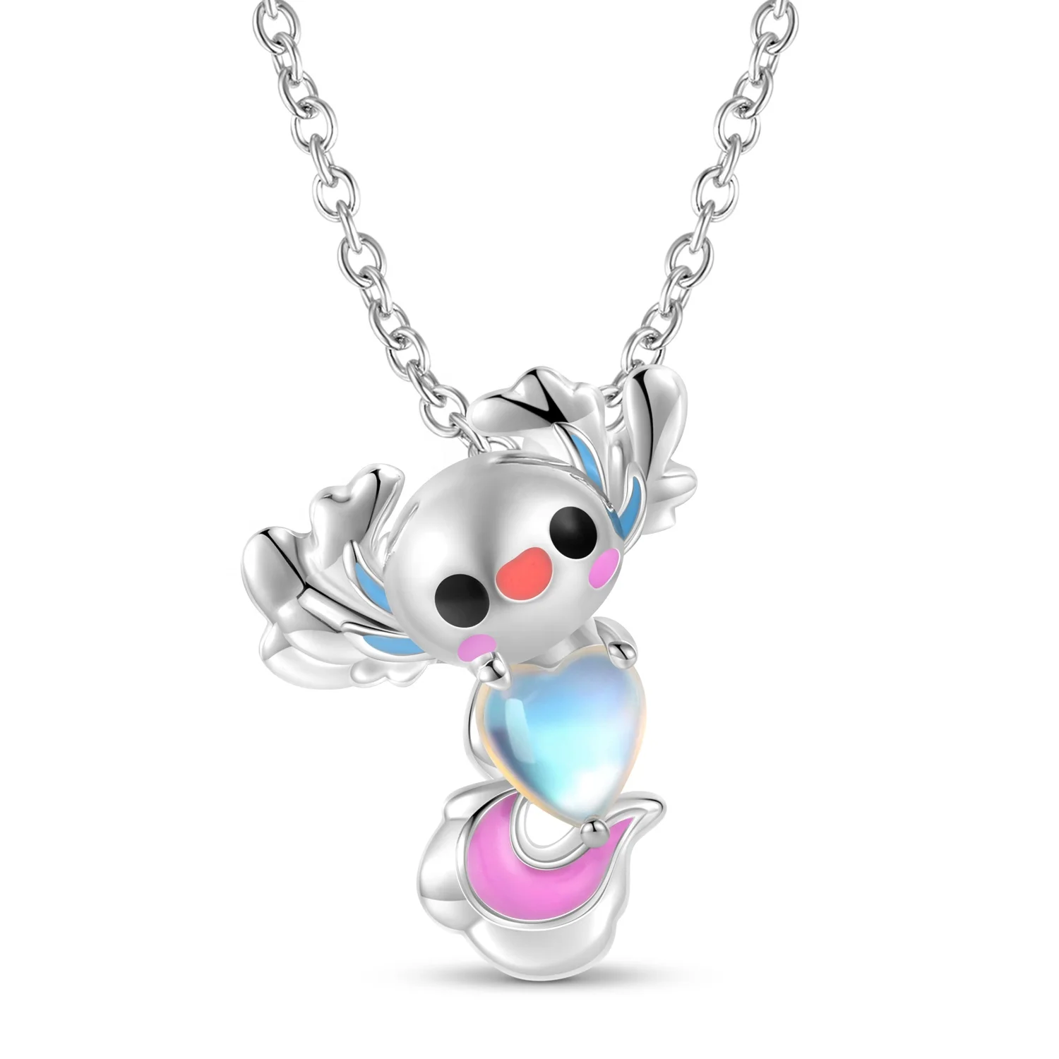 Cute Mexican Axolotl Embraces Heart Moonstone Pendant for Necklace Real 925 Sterling Silver Women Fine Necklace Jewelry making