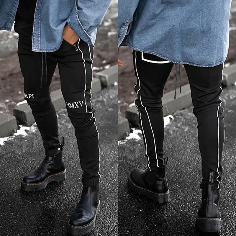 
2021 New Reflective Striped Muscle Trousers Hip Hop Sweatpants Mens Joggers Pants 