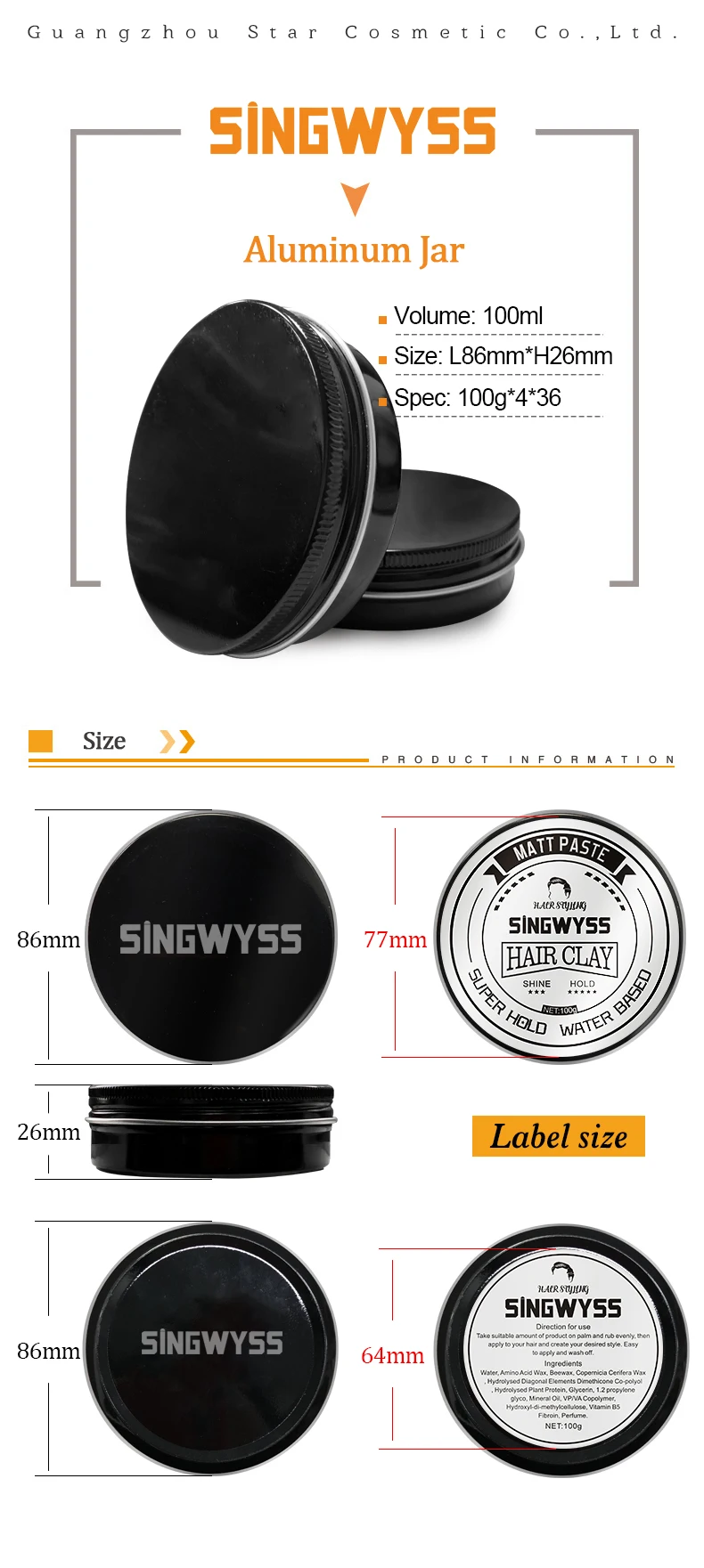 private label 100g aluminum tin many colors hair clay with matte finish and strong hold water-based for all hairstyles