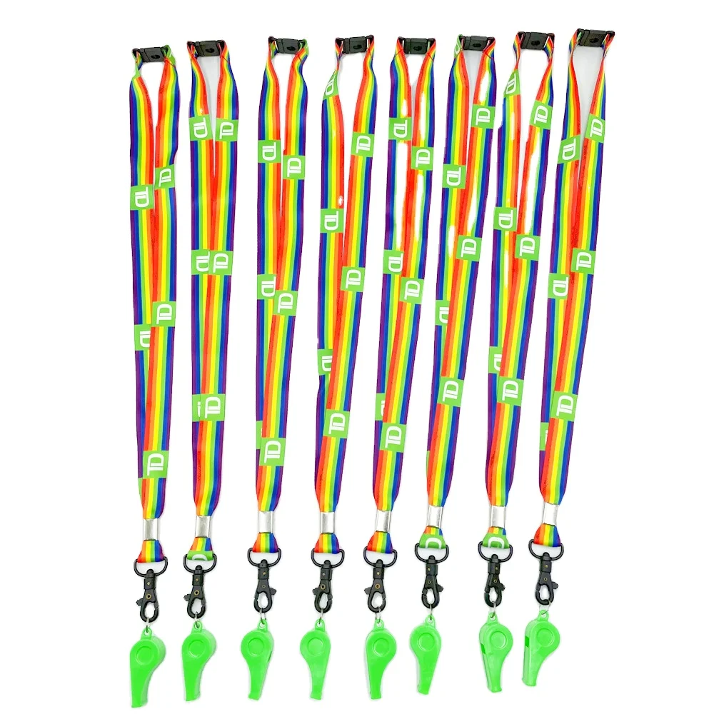 Rpet dye sublimation rainbow color plastic whistle keychain lanyard Logo Custom for promotion event strap ribbon