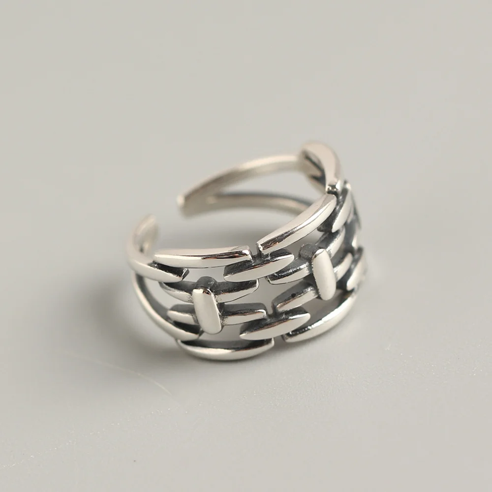 KRJ0252 Trendy Ins Minimalist S925 Sterling Silver Vintage Ring   East Gate Double Layer Chain Ring