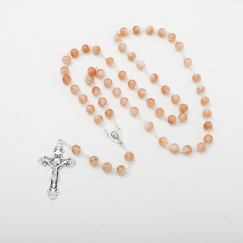 Hot Holy Catholic Blue Glass Stone Beads Rosary Necklace With Sliver Jesus Cross Religious Necklace
