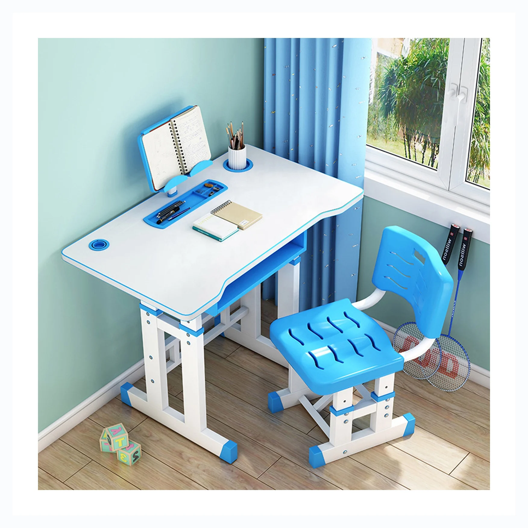 
Children Desk and Chair Set - Height Adjustable Desk with Tilt Desktop for Painting - School and Home Kids Study Table 