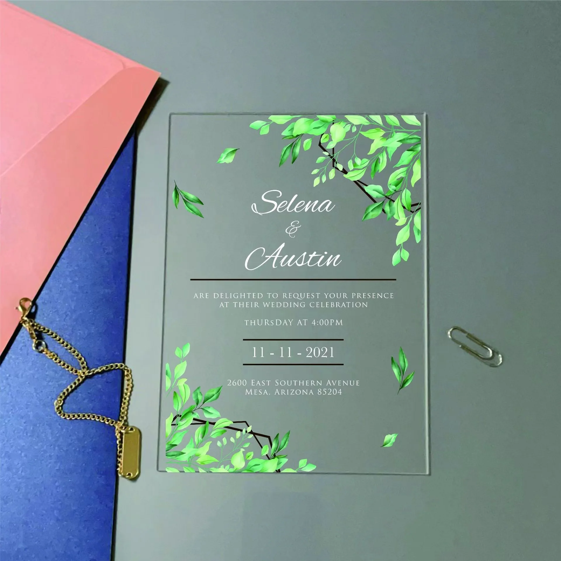 Western wedding invitation card box acrylic gold foil printing a set of card and velvet packaging