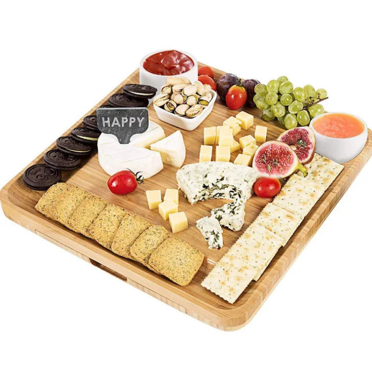 Bamboo Wood Charcuterie with Drawers Cheese Board Set With Ceramic Bowls And Cutlery Knife