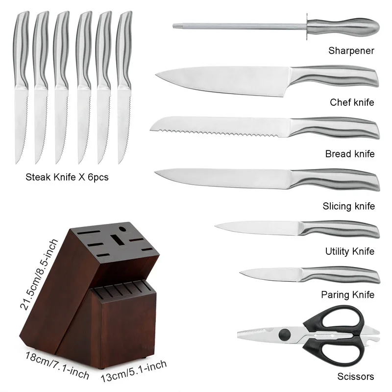 Hot sale stainless steel kitchen knife set blank with wooden block hollow handle for chef knives