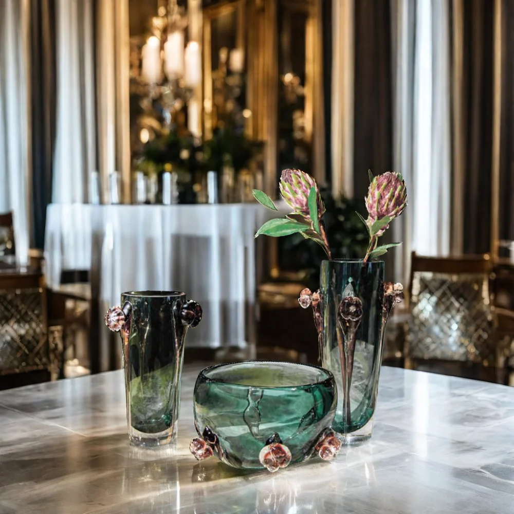 Изготовленная на заказ декоративная цветная стеклянная Тяжелая Базовая ваза с цветочной ручкой