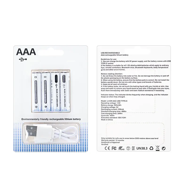 Safe Pre-Charge 4pcs/Pack AAA Rechargeable Battery 1.5v 600mAh lithium reusable USB Type-C for Smart watches