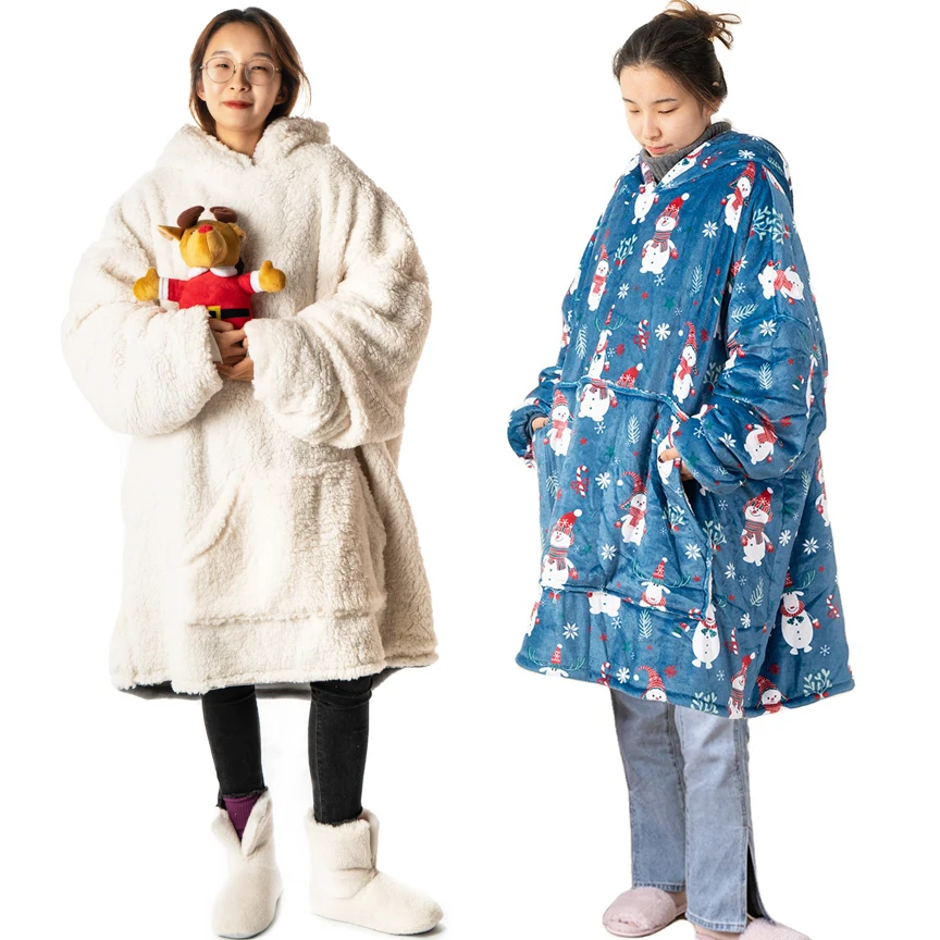 Oversized Sherpa Blanket Adult Child Home Jumper One Size Fit All Winter Blanket Christmas Zip Up Wearable Custom Hoodie Blanket