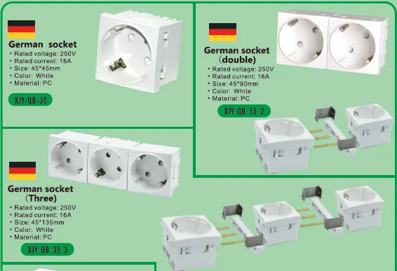 EU Standard German Schuko Socket 4 ports 16 A 250 V Series wall power outlet tamper resistant 45*45mm PC white