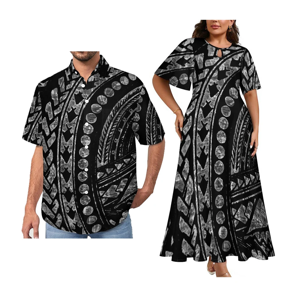 Factory Price Polynesian Elei Tribal Design Custom Couples Sets Womens Round Neck Short Sleeve Dress Men Shirt Couple Suit