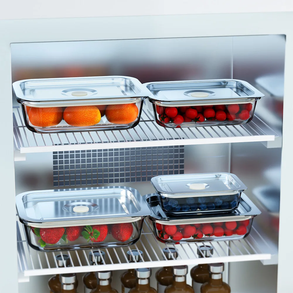 Glass Lunch Bento Boxes with Vacuum Pump Steel Lids for Microwave Dishwasher Refrigerator Safe Leakproof Meal-Prep Containers