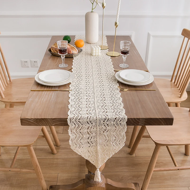 Rectangle Table Runner Lace Macrame Embroidered with Exquisite Vintage Shabby Chic for Holiday Wedding Long Dinner Table