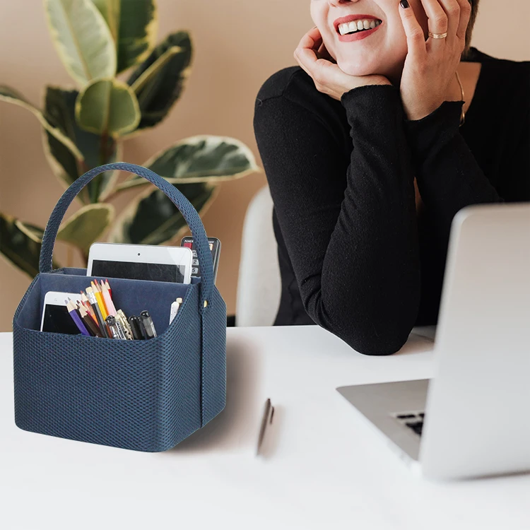 Blue mesh cloth remote control holder/makeup brush storage desktop organizer with handle
