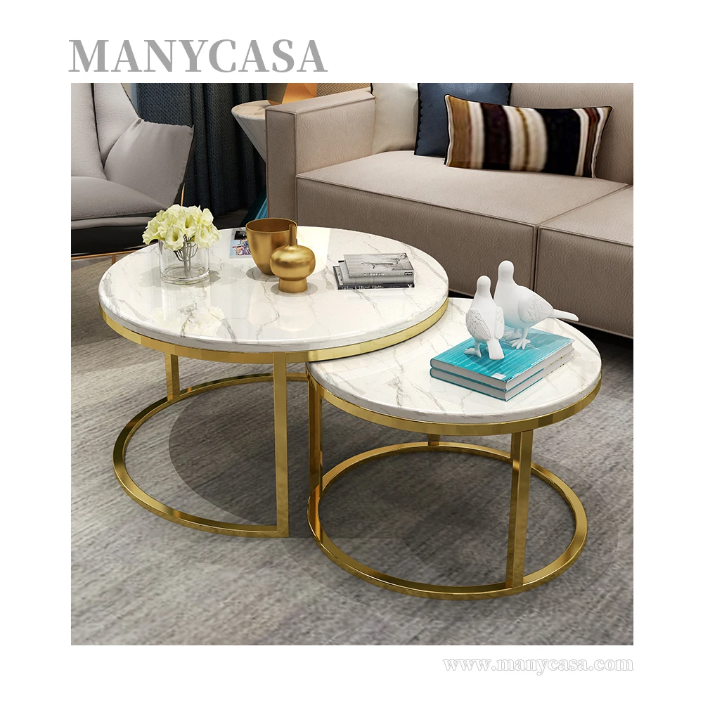 Luxury Round Coffee Table Sets Living Room Metal Stainless Steel Frame Rose Gold Marble Top Sofa Side Table