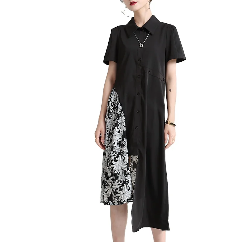 
Gentle first love printed shirt dress female summer 2021 new design sense irregular color contrast long skirt 2130 