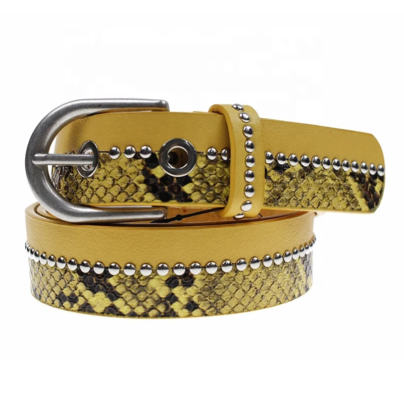 2021 Fashion Yellow Snake Printed Belts Rivet Studded Leather Eyelet Grommet Hole Buckle Wide Female Waist Jeans Women belt