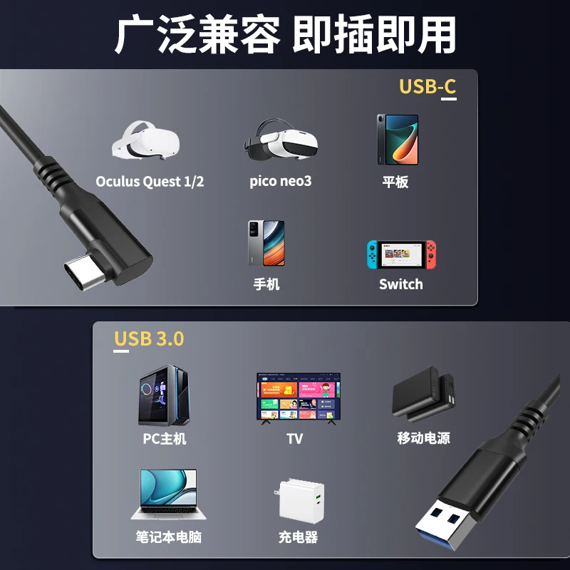 USB3.2 Gen 1 VR Link cable A to C male Cable for Conversion Elbow Data Cable 90 Degree for VR Or Play Games