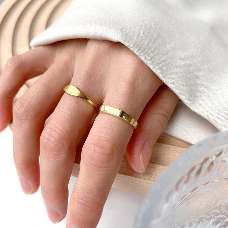 2 Designs Thin Square Stamp Finger Ring Matte Gold Plated Circle Geometric Rings Women Minimalist Stainless Steel Fine Jewellery