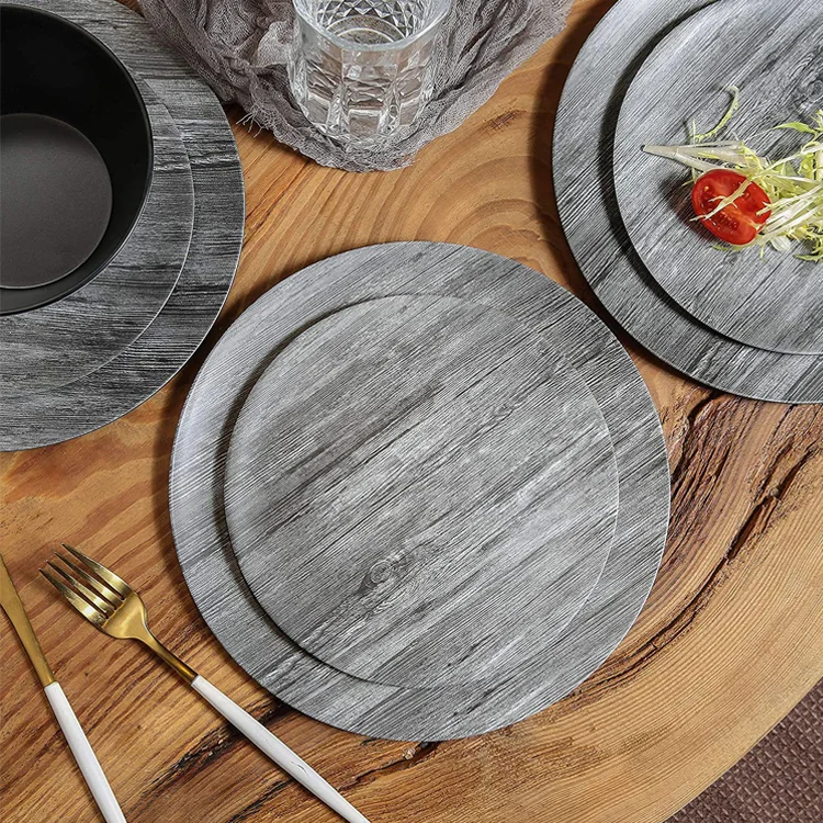 Western Elegant Stone Wood Grain Melamine Ware Set Unbreakable Dinner Set
