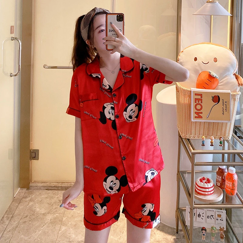 Custom Made  Short Sleeve Satin Pajamas Button Up Shirt PJ Set Contrast Piping Nightwear