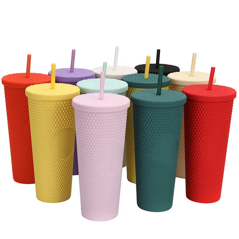 Wholesale Summer Double Wall 24OZ Muticolorful  Tumbler No Circle Diamond Matte Tumbler Stud Plastic DiamaondCup Drink Straw Lid