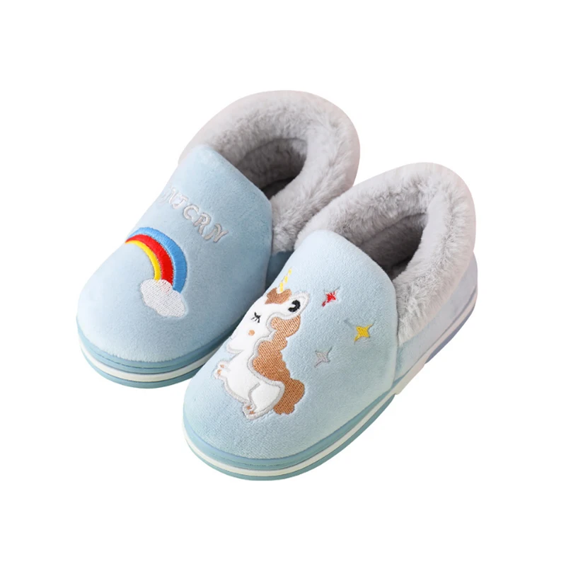 Оптовая продажа, милые дизайнерские пушистые детские тапочки из хлопка с единорогом для девочек
