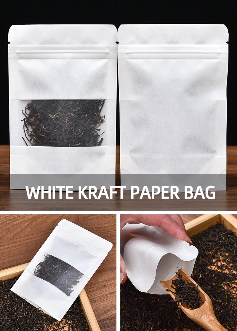White Kraft Stand up Pouch Paper Spice Bag Resealable Packaging Plastic Paper  Pouch With Window Customized Logo for Food Tea