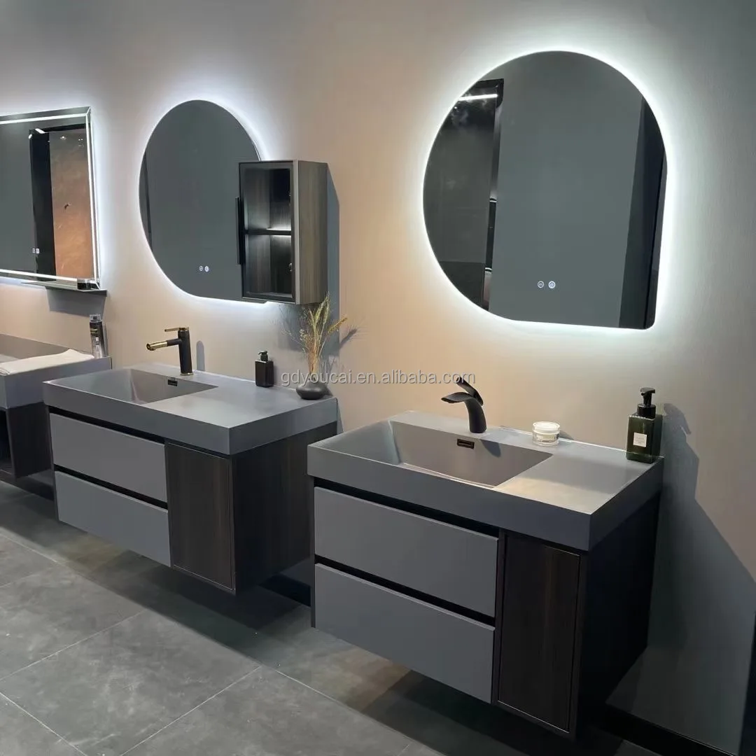 Sanitary ware slate countertop double basin bathroom vanity with LED mirror premium wall mount bathroom vanity