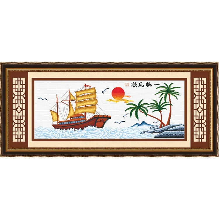 
Best-selling Needlework DIY Handmade Punch Needle Embroidery Fabric Crafts Ship Sailing Patterns Cross-stitch Beginner Kits 