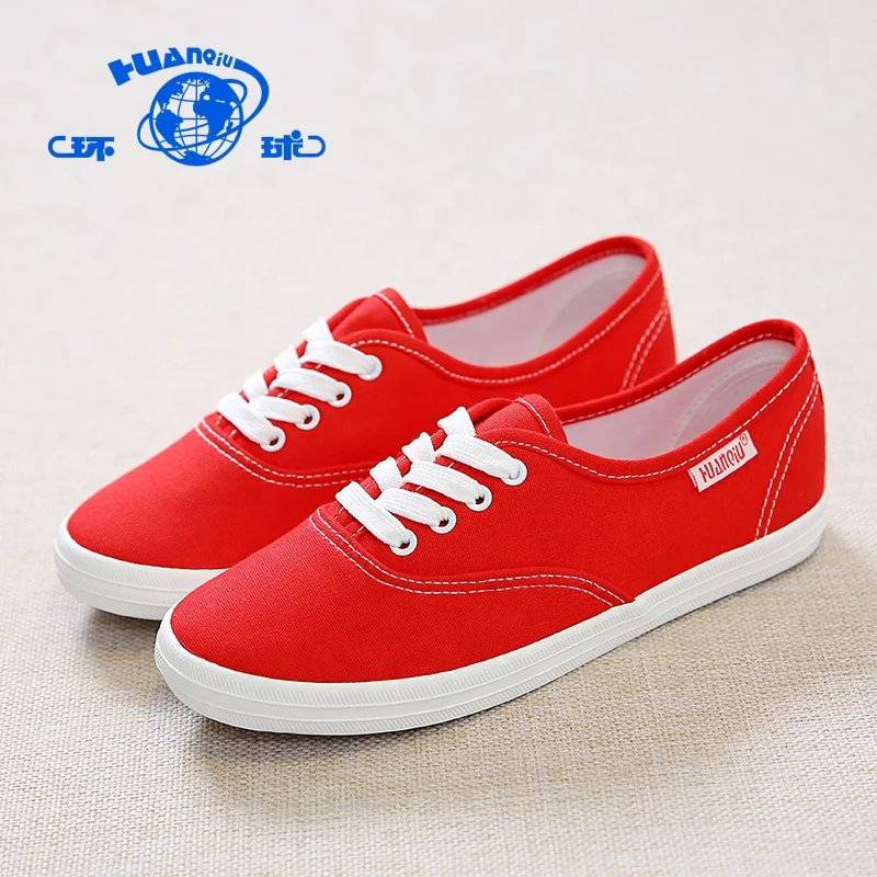H2015 HUANQIU cheap women red low rubber flat canvas rubber shoes