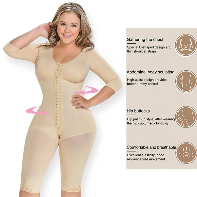 Hot Selling  Colombianas Long Sleeves Girdle Tummy Control Women Shapers Stage 2 Full Body Shapewear With Sleeves Body Suit