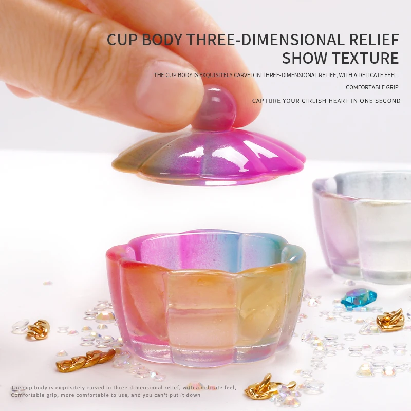 2022 New Arrival Aurora Dazzling Colorful Flower Shaped Nail Crystal Cup Acrylic Liquid Powder Dappen Dish Glass Bowl