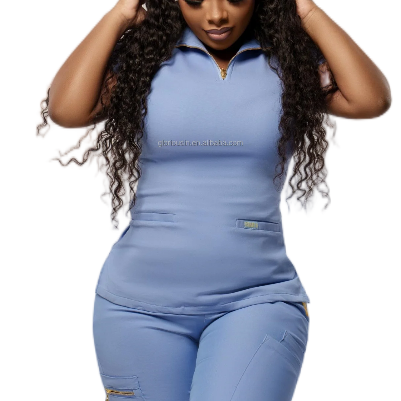 GloriouIn Female 2023 New Style Fashion Zipper Pullover GloriousIn RTS Scrub 2023 Salon Ot Health Care Uniform Male Ceil Blue