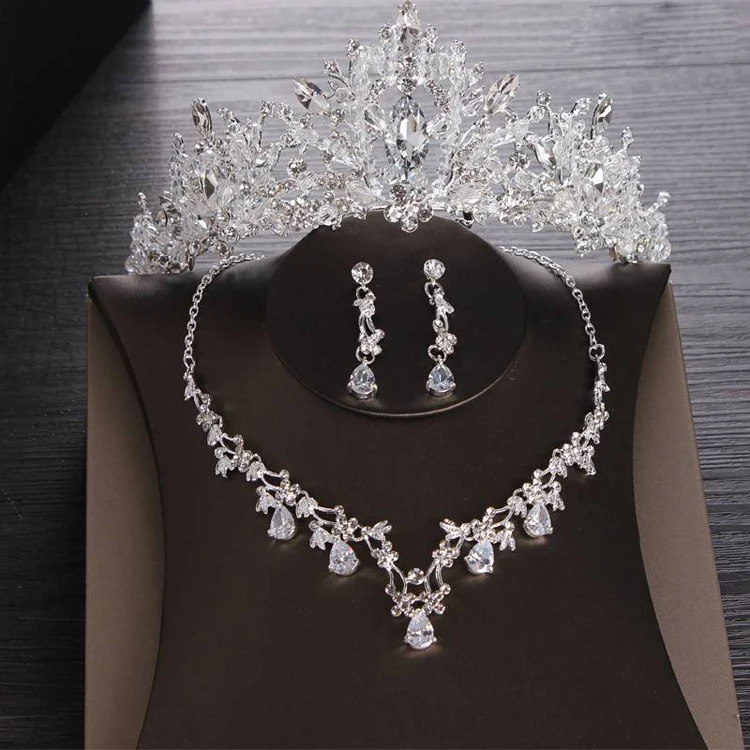High-end super flash bridal wedding crown necklace earrings set handmade rhinestone tiara crown