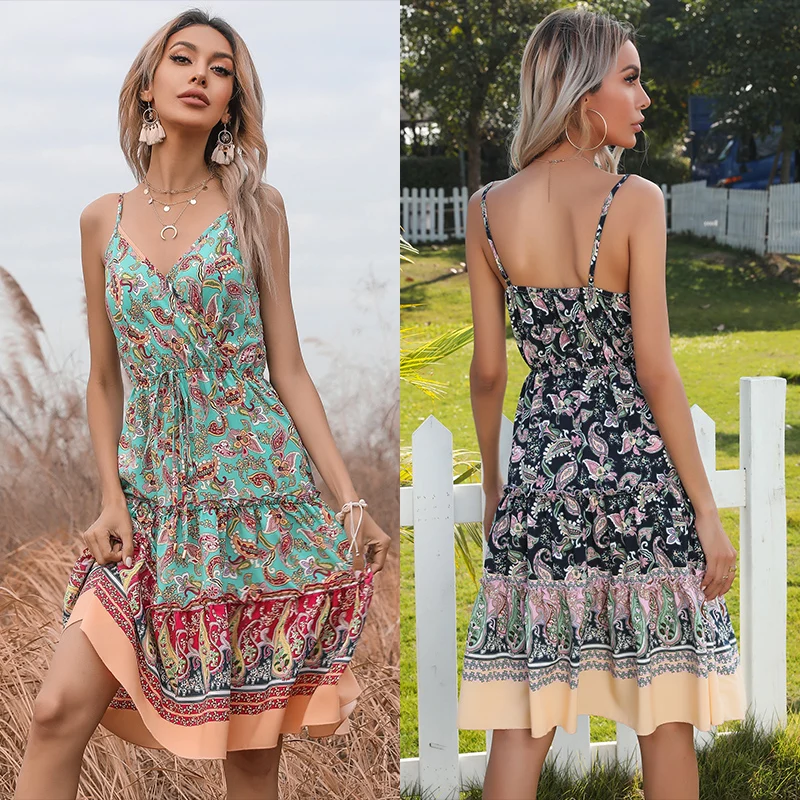 Wholesale Casual 2023 Summer Fashion Halter backless Dress Women Clothes Sexy Floral Beach Slip Dresses for ladies