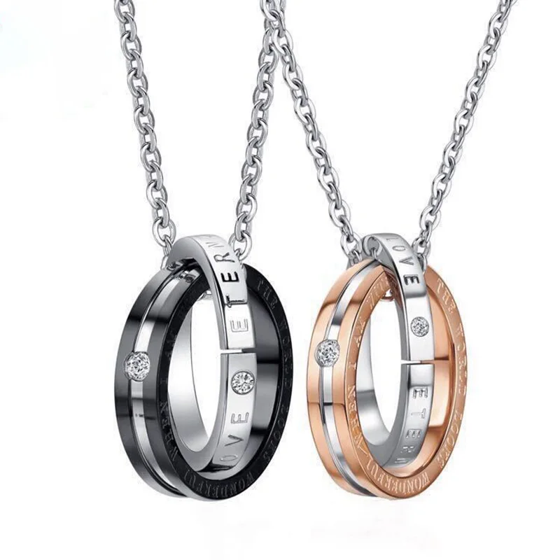 New Double Ring Lovers Pendant Necklace Carving Letters Fashion Accessories Stainless Steel Creative Jewelry For Men And Women