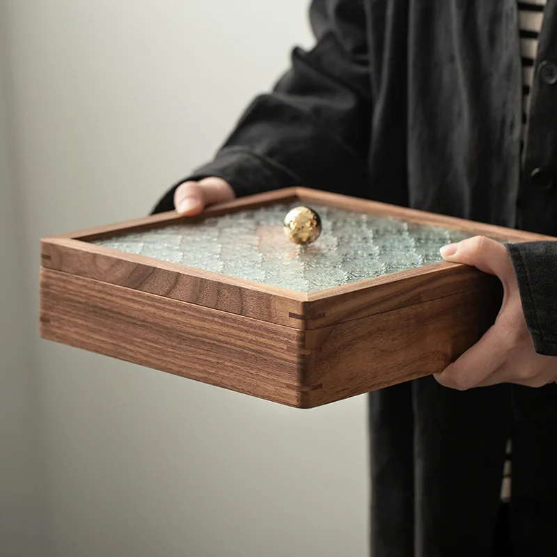 Solid wood dry fruit box wholesale square fruit plate with cover living room new year candy nut box glass storage box