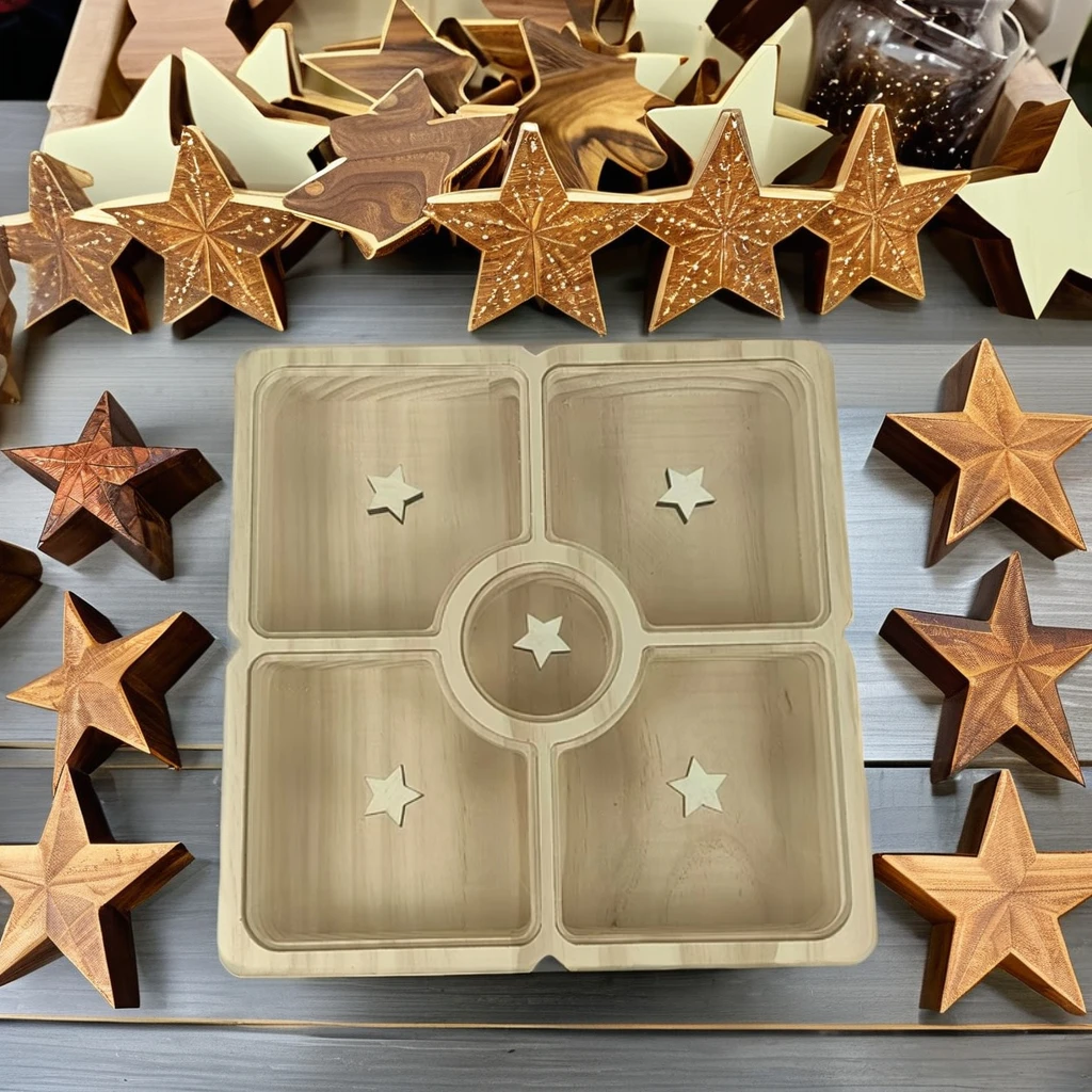 Artistic Pine Wooden Candy Box with Compartment Display Laser Engraved Souvenir and Model Pattern for Home Decorative Use