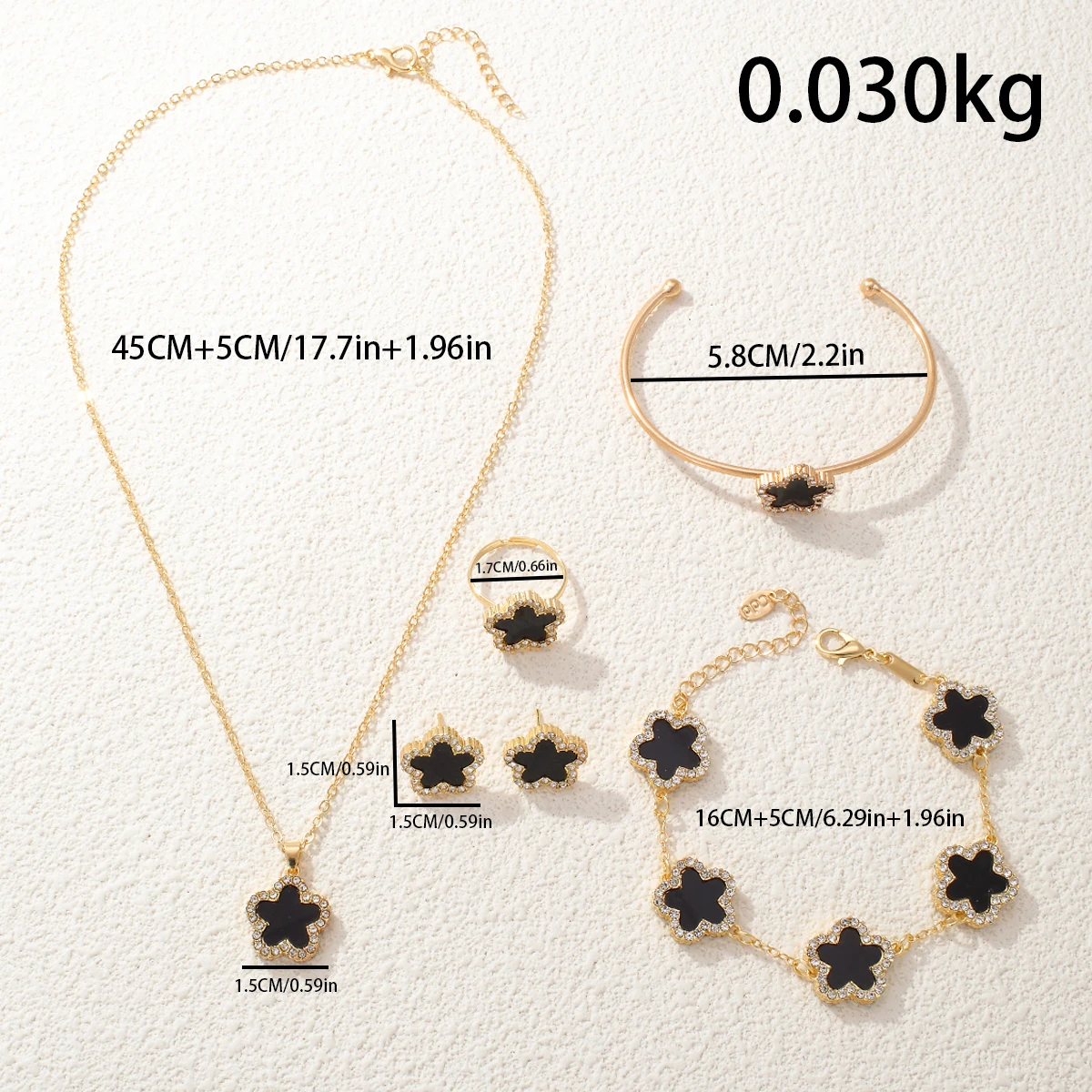 CDD 2024 Women Light Luxury 5Pcs/Set Diamond Clover Necklace Earrings Ring Bracelet&Bangle Five Leaf Flower Jewelry Set