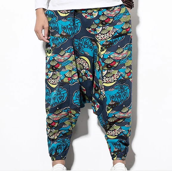 Pants Men Casual  hip hop Streetwear Cotton Linen Printing Patchwork Long Cargo Pants