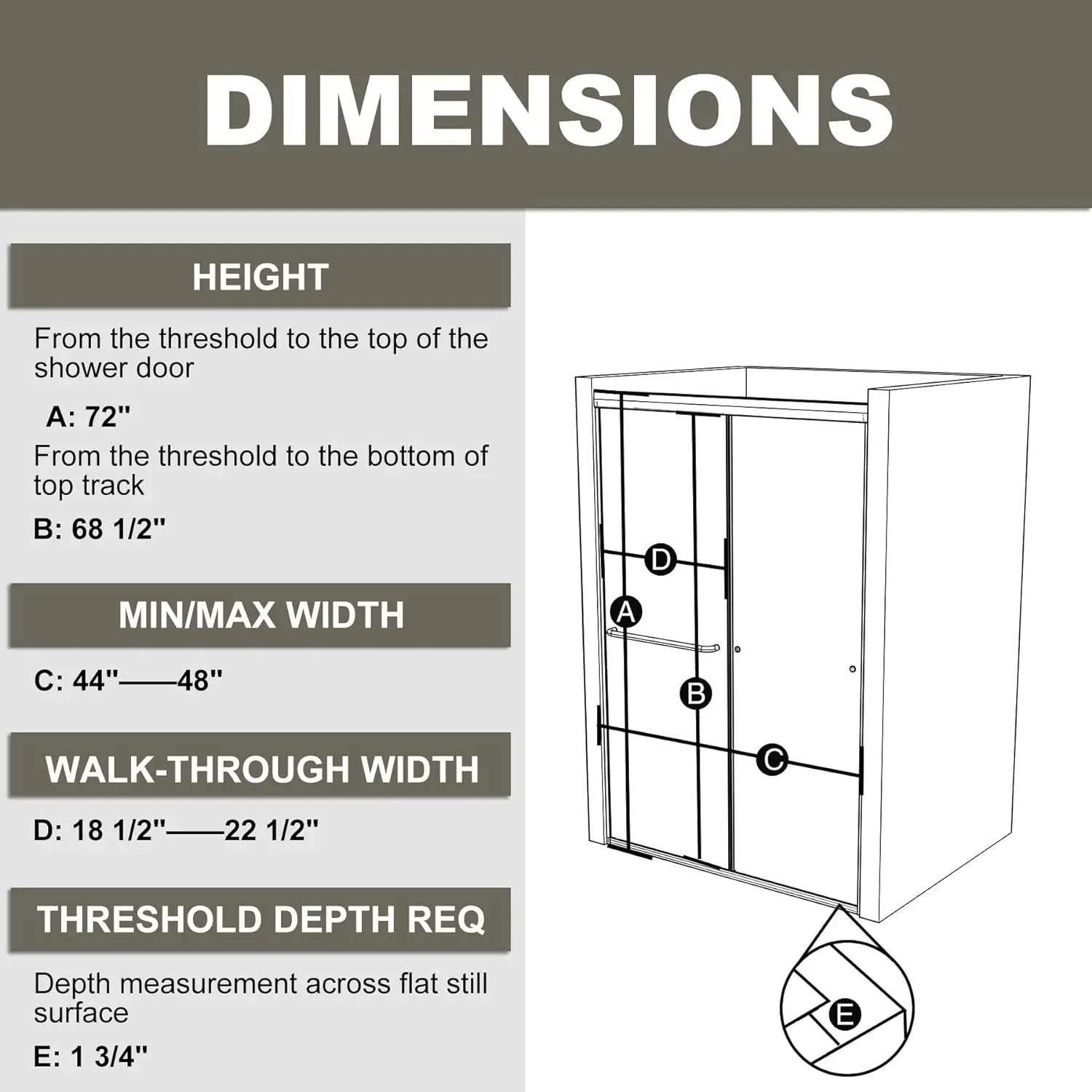 Hotel Villa Project 44-48Wx72H Semi-Frameless Sliding Shower Door 1/4 (6mm) Clear SGCC Tempered Glass Shower Door