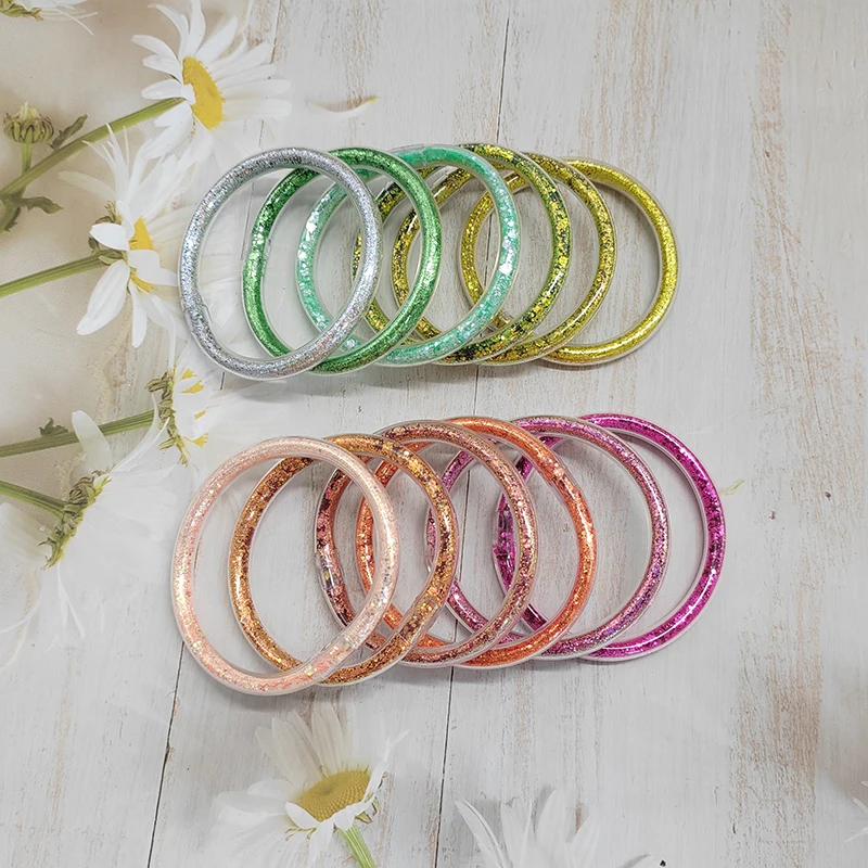 Woying Silicone Jelly Girl Medium Bangle Buddhist Coloful Gold Powder Transparent Temple Thick Tube Clear Charm Bracelet