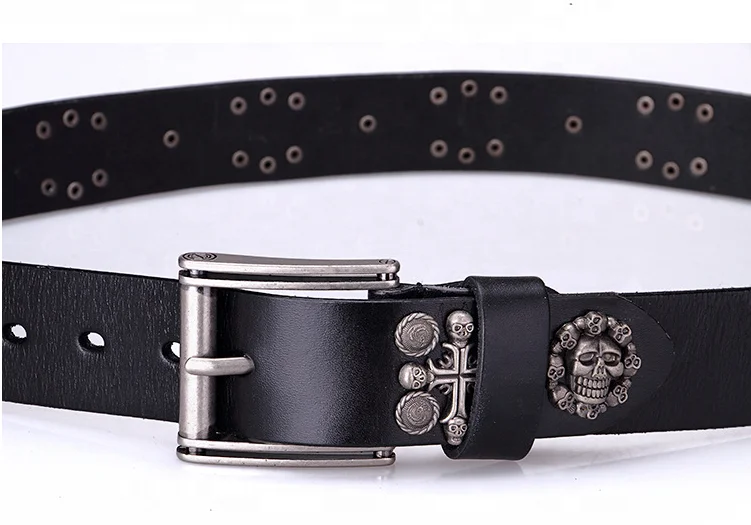 Cowboy Cowgirl Western Top Grain Cow Hide Punk Studded Genuine Leather Skull Belt