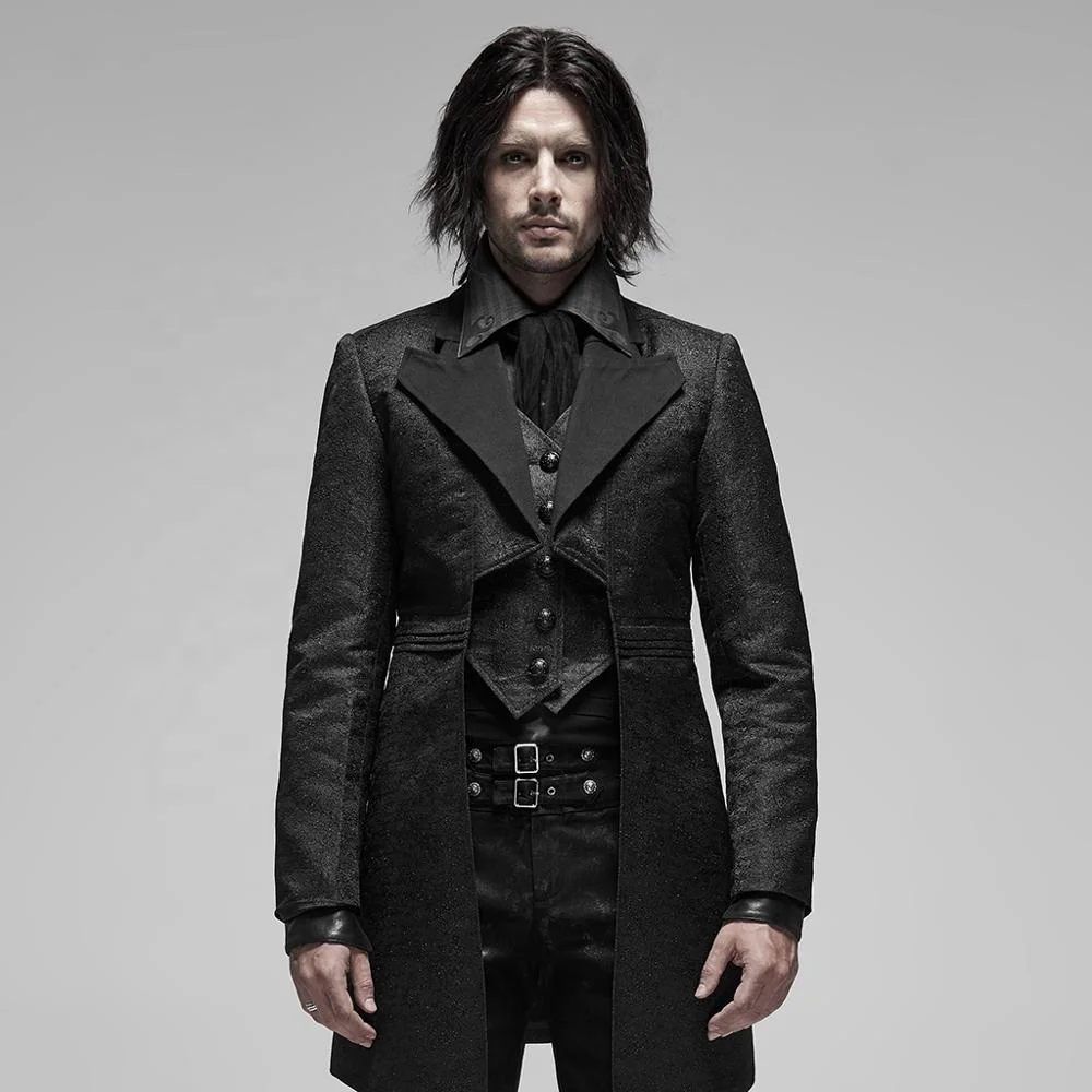 WY-1179 PUNK RAVE Steampunk Jacquard Coat Men Winter Punk Jacket Long Winter Coat OVERCOAT Trench Plain Dyed Open Stitch Regular