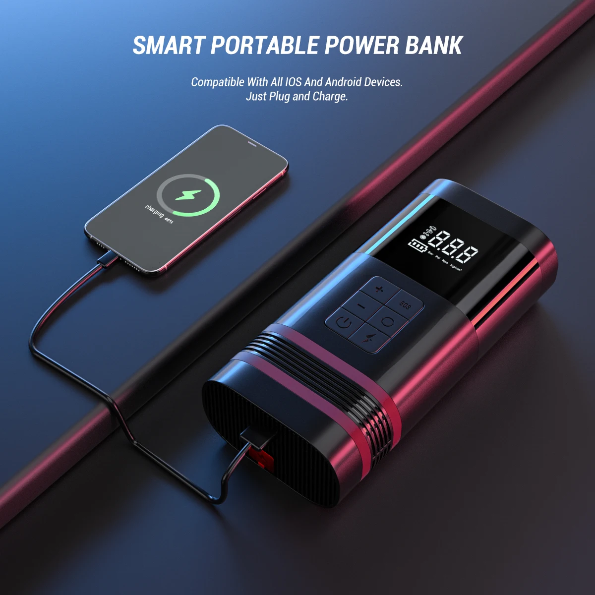 Portable Air Pump With Jump Starter For Car Tires 12 Volt Electric Tire Inflator Air Compressor 7500mA 150 PSI For Car Bike,Ball