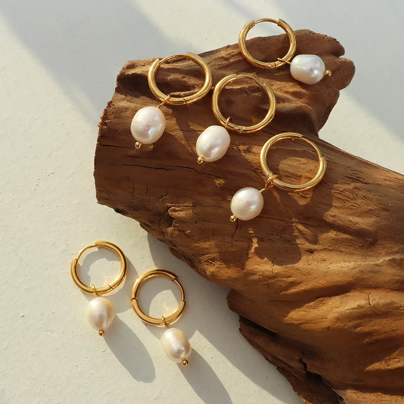 18K Gold Plated Stainless Steel Drop Hoop Earrings For Women Girls Wholesale Natural Freshwater Pearl Pendant Huggie Earrings
