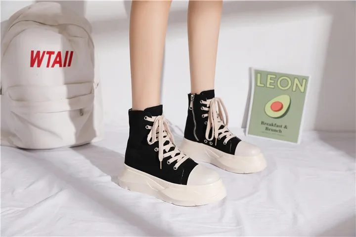 Black thick soled high top shoes for women New style high side zipper high top casual shoes Personalized sole leather casual