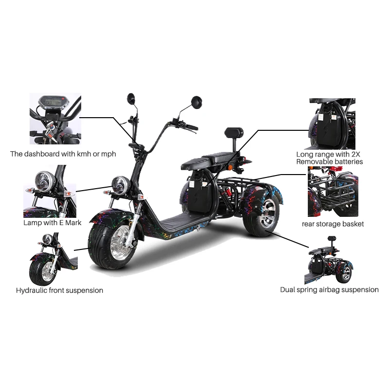 EEC/COC Electric scooter with 1500W Motor 60V40AH Lithium Battery,Electric Motorcycle Scooter Off Road with 3 Wheels Fat Tire